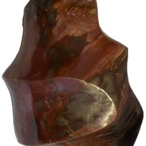 Hand carved polished carnelian flame sculpture featuring twisting ridges with deep mahogany red burnt orange tones and smoky chalcedony patches isolated on a white background